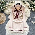 Xiaoxiangfengclassy contrast colorbows strappy long sleevesdress women's metal buckle waist slimming lookknitting short skirt