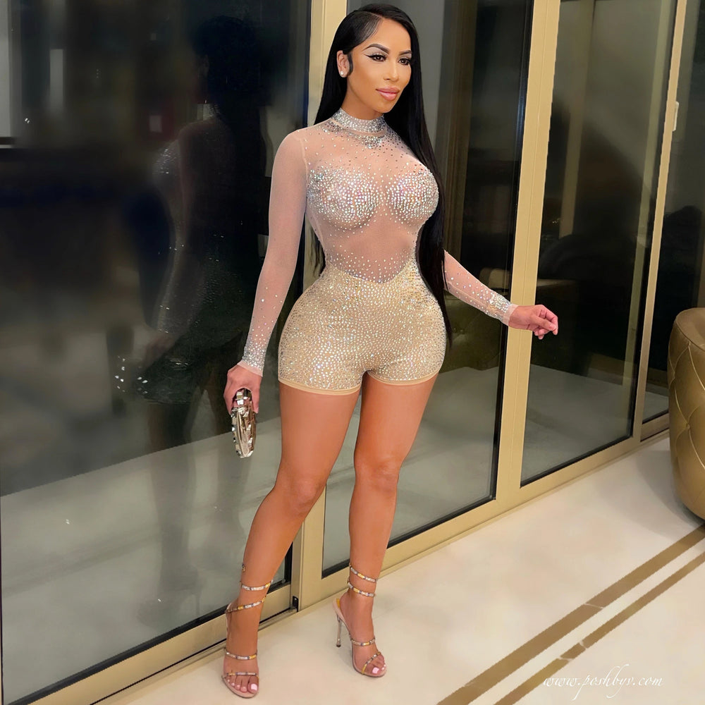 X5165 european and american fashion   sexy round neck long sleeve nightclub party hot diamond see-through jumpsuit