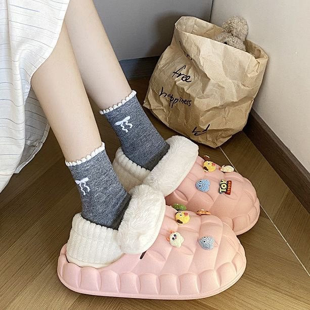 2025 cotton slippers - removable & washable, women's winter home & outdoor wear, thick sole, closed heel, fleece-lined, cartoon design, warm & cozy