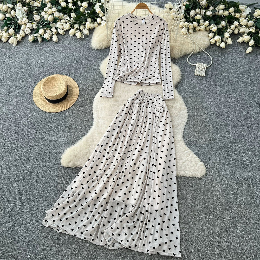 French chic polka dot two-piece set: women's autumn long sleeve high-waisted slimming mesh top and midi skirt elegant outfit