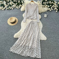 French chic polka dot two-piece set: women's autumn long sleeve high-waisted slimming mesh top and midi skirt elegant outfit