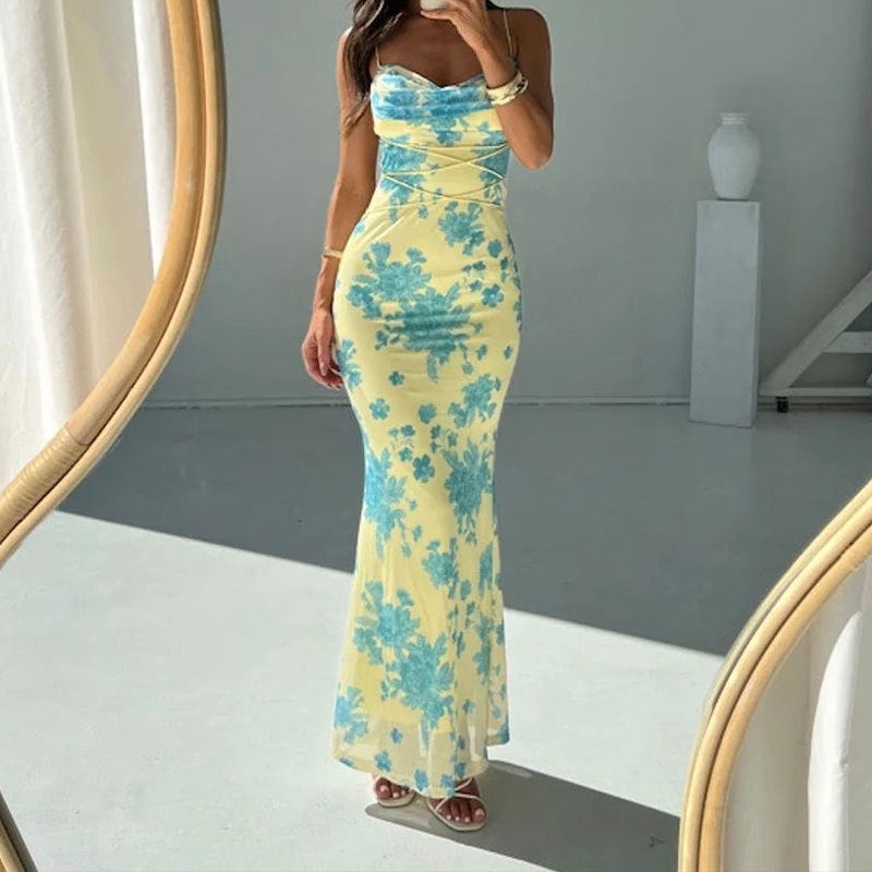 summer new women's clothing: cross-border european and american hot seller - fashionable and elegant floral print bodycon slip dress
