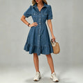 fashion lapel long sleevespatchworkcasual denim dress women's classy single-row multi-button waist long skirt