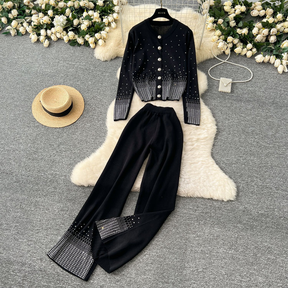 Fashion celebrity fashion rhinestone round neck knittingcardiganhigh waistloose wide legpantsfall and winterknittingtwo-piece set for women