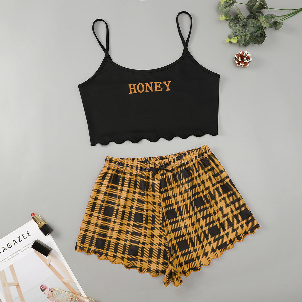 new creative chinese dragon print camisole top and plaid print shorts women's loungewear set