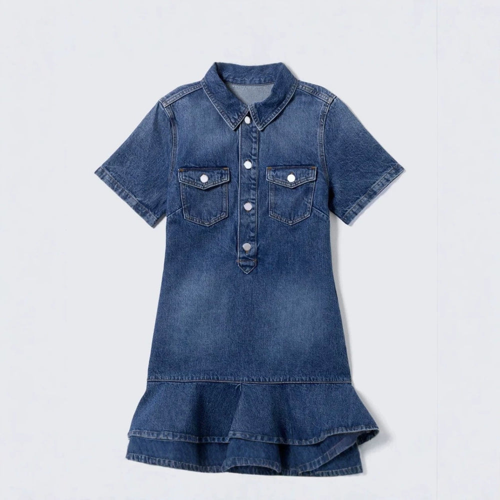 European and american commute style: high-end, age-defying, unique ruffle trim denim dress - slimming, collared, midi length