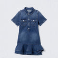 European and american commute style: high-end, age-defying, unique ruffle trim denim dress - slimming, collared, midi length