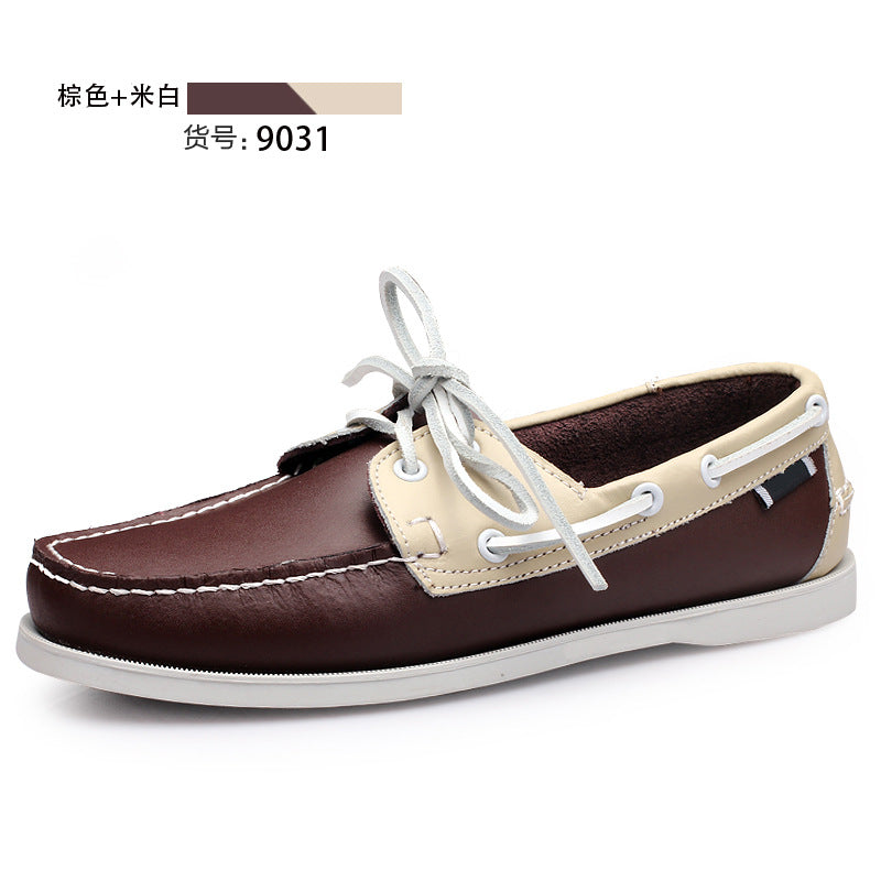 Men's leather casual shoes - handcrafted, low-cut, minimalist boat shoes in soft cowhide for business and driving, with front lace-up closure