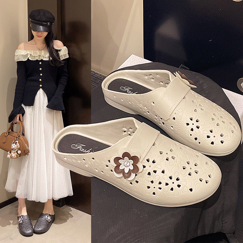 2026 new women's open-toe hollow-out flat sandals with colorful floral design - casual closed-toe slippers