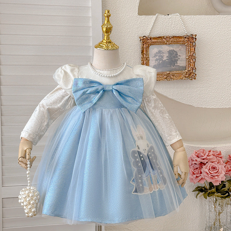 Girls' dress  spring new collection: snow white couture gown with oversized bow and exquisite embroidery