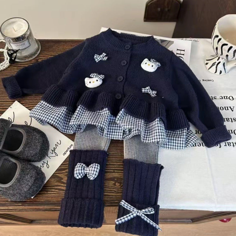 Korean style girls' clothing  new autumn collection: preppy plaid cardigan sweater with bow detail and scrunch socks/leggings set