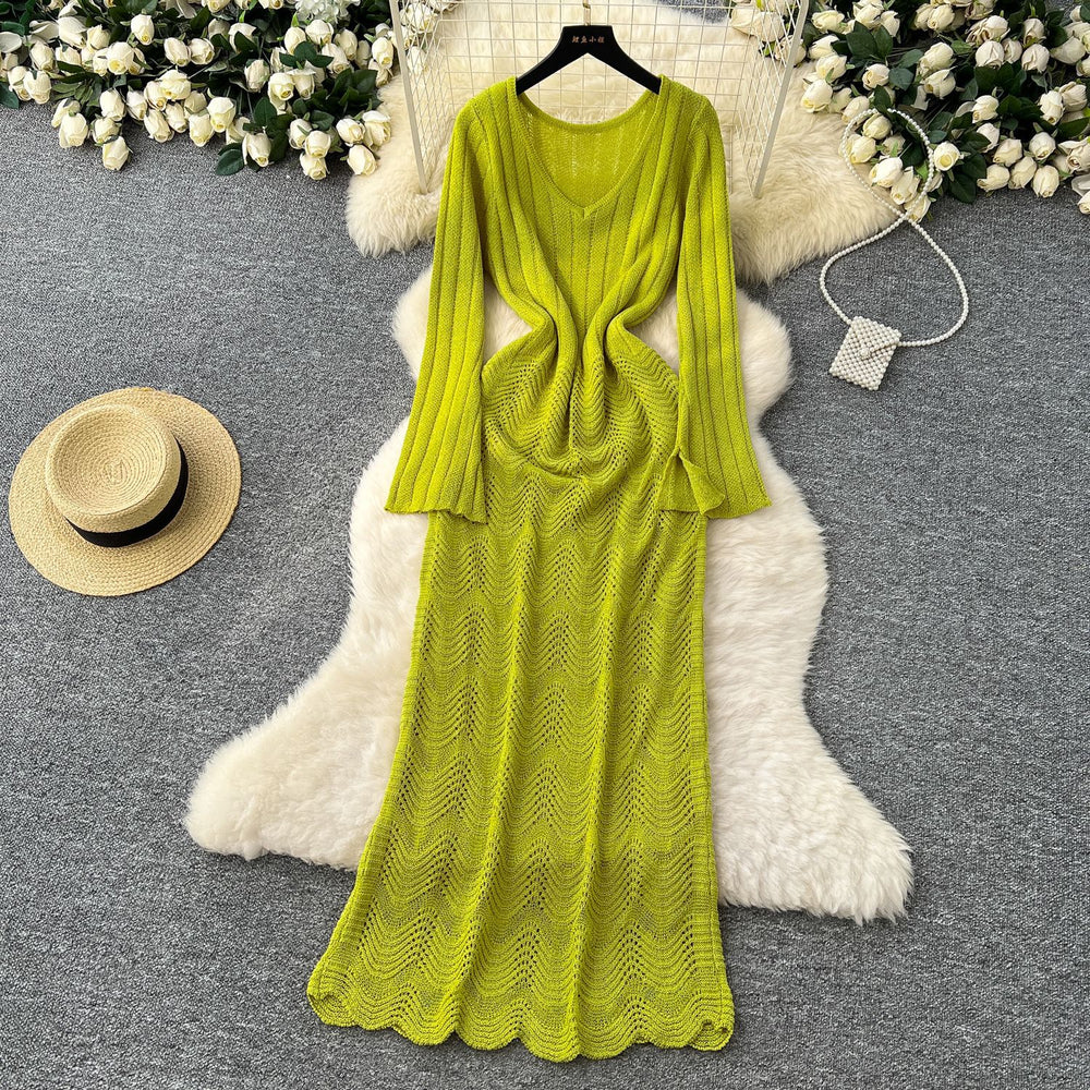 Sweater dress women's layered inner suspender skirt two-piece set spring korean style classy sense cut outknitting long skirt