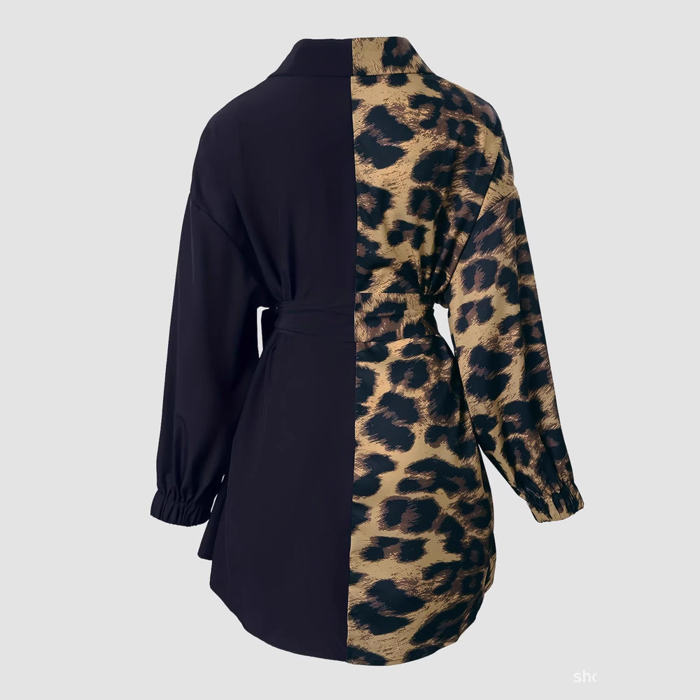 european and american women's elegant commute patchwork print long sleeve leopard tie-up vintage shirt dress
