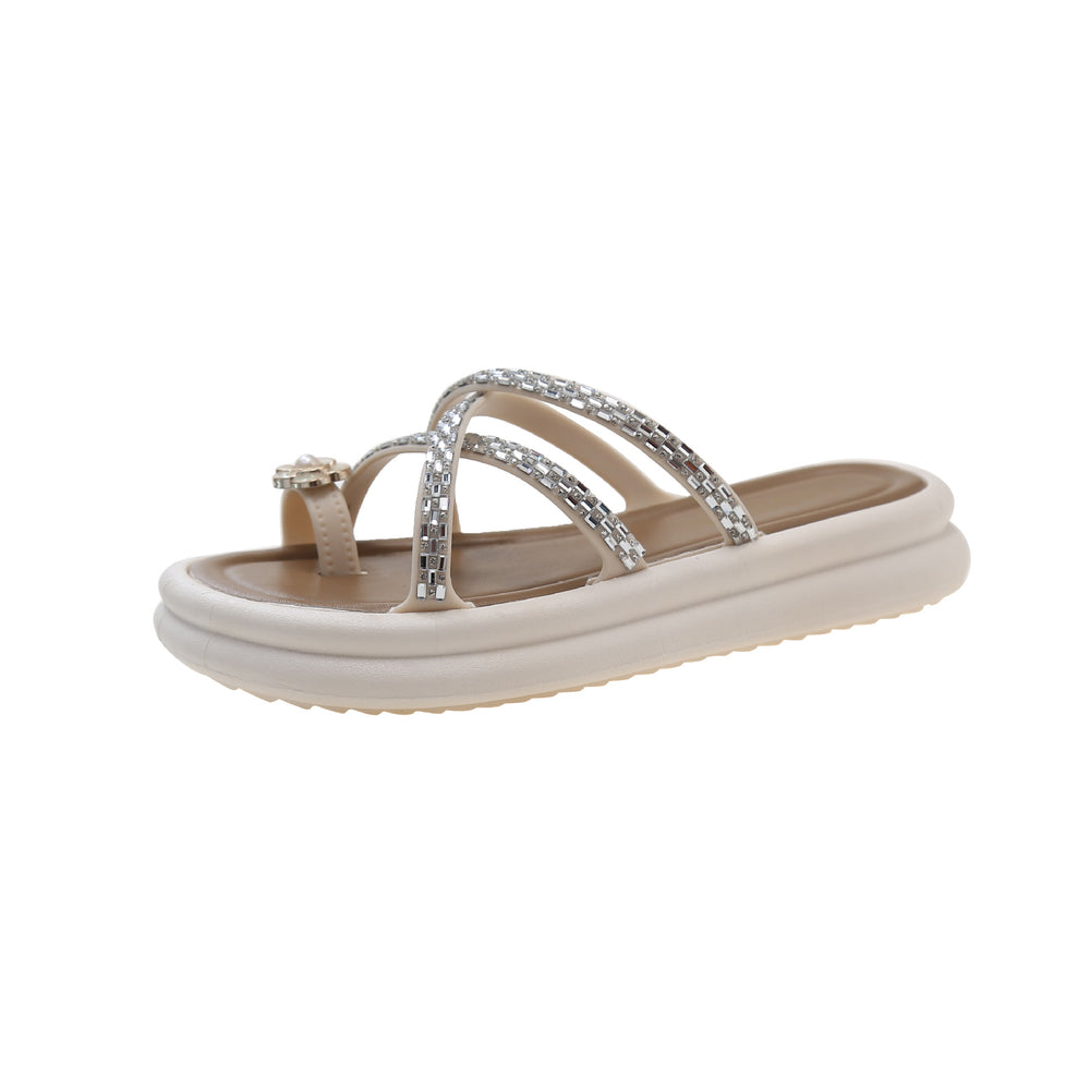 Women's thick-soled thong sandals - new summer collection: floral rhinestone crossover strap roman slip-on sandals