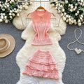 Summer's hottest outfit: french chic sweet pink polo sleeveless vest + pleated midi skirt set