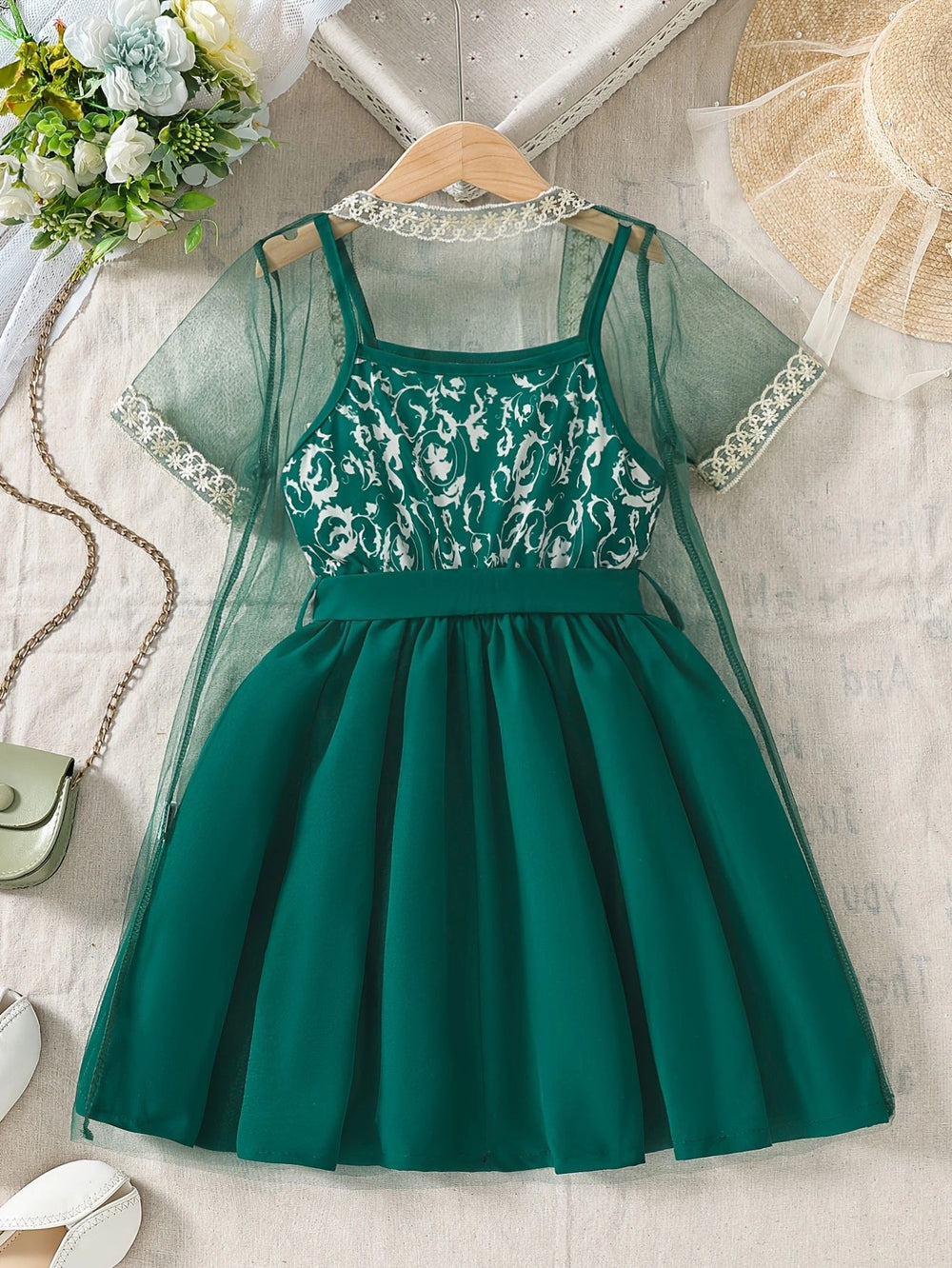european and american spring/summer ins-style girls' mesh cardigan + camisole dress set - cross-border exclusive