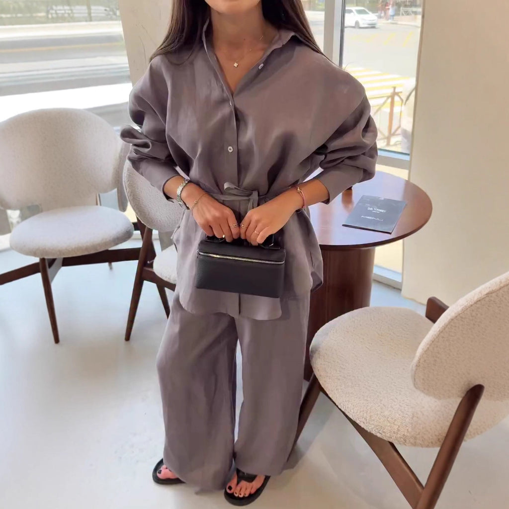 Cross-border European and American long-sleeved casual lapel cardigan slim-fitting shirt trousers women's  fashion new women's clothing two-piece set