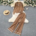 Knitting shirt two-piece set women's fall and winter lazy style easiest for matchretro lapel pullover sweaterhigh waistcasual wide-leg pants
