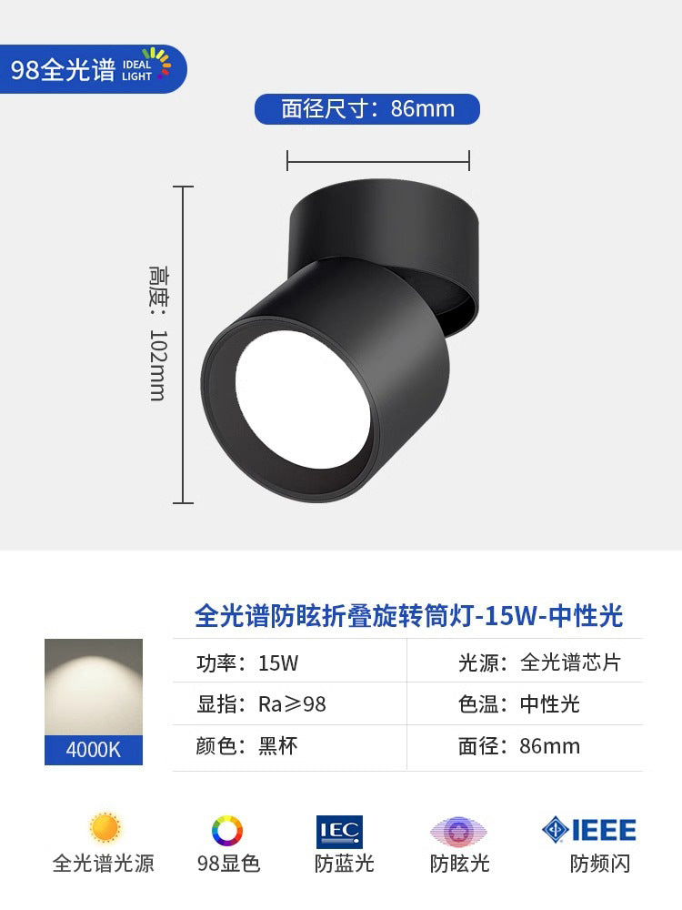 Full spectrum surface mounted downlight spotlight - no drilling, adjustable angle, bedroom ceiling light, folding hallway light, small light for home entrance