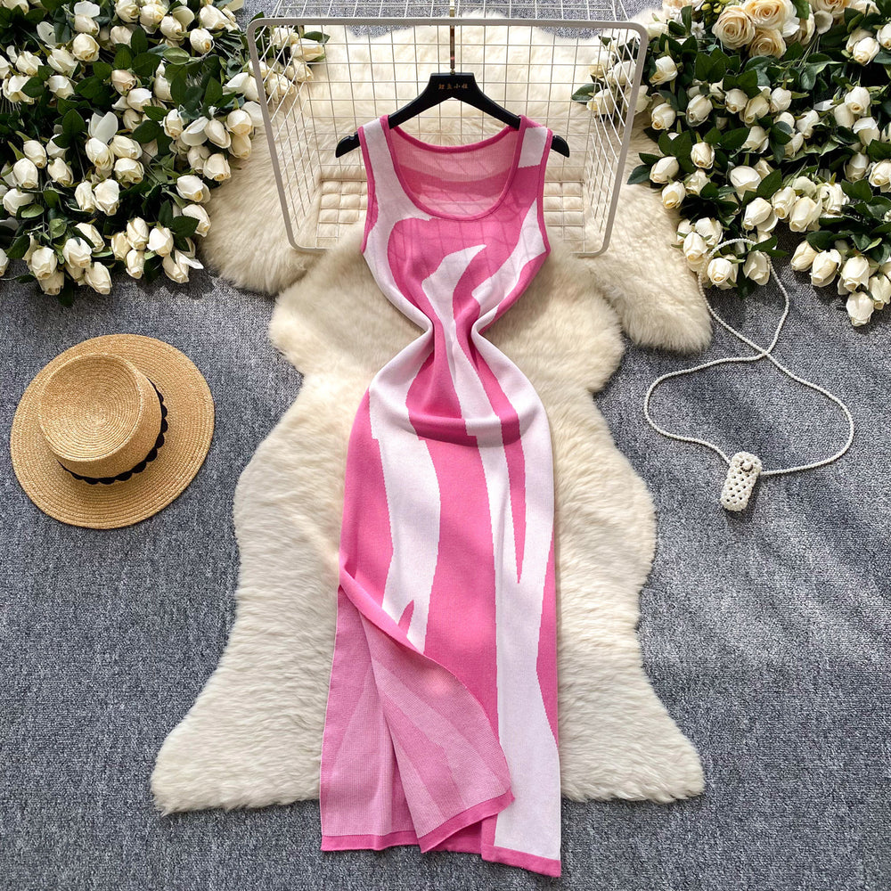 French style printed sleeveless knit dress - women's summer new arrival, slim fit, figure-flattering, slit detail, elegant and chic maxi dress