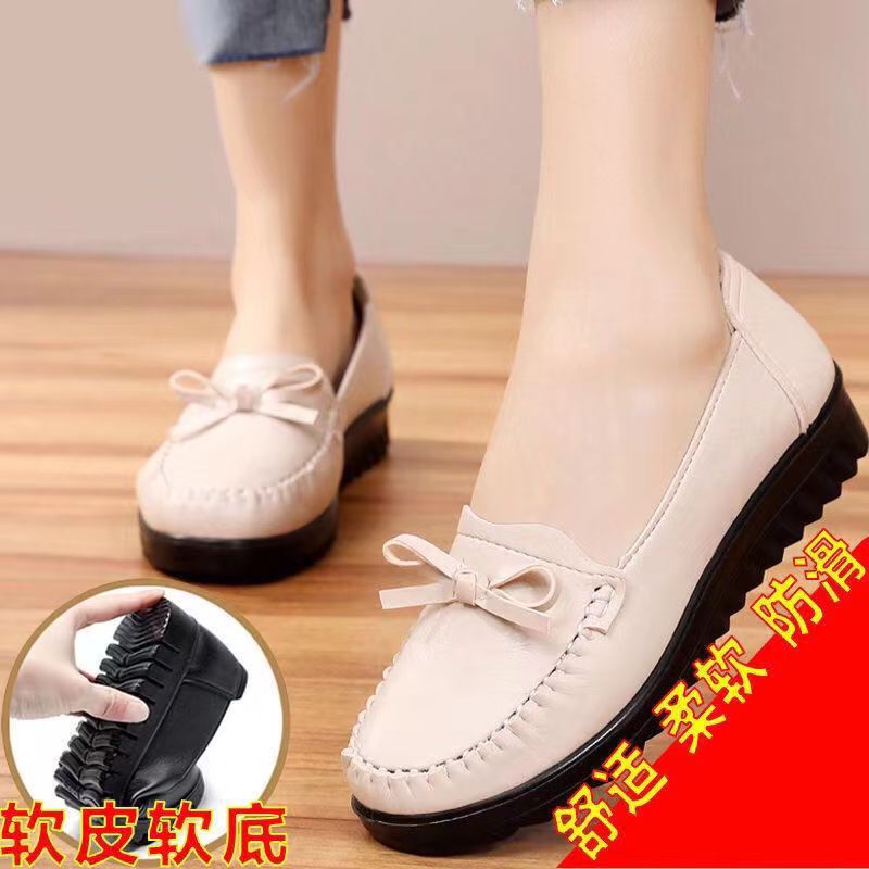 Live broadcast dropshipping soft leather soft bottom ladieswear shoes flatsabrasion resistantwaterproofbows work shoes micro business group purchase