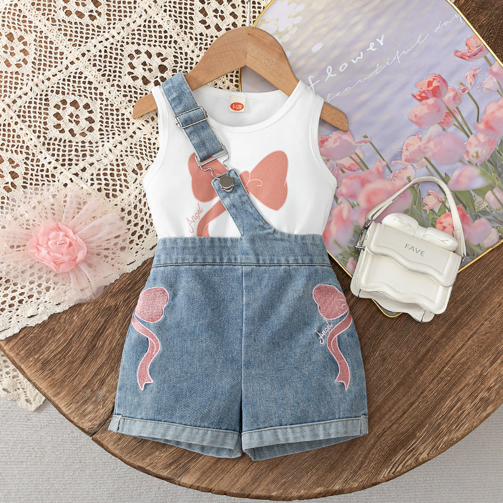 summer new sleeveless bow print top + cross-strap denim shorts set - exquisite denim two-piece