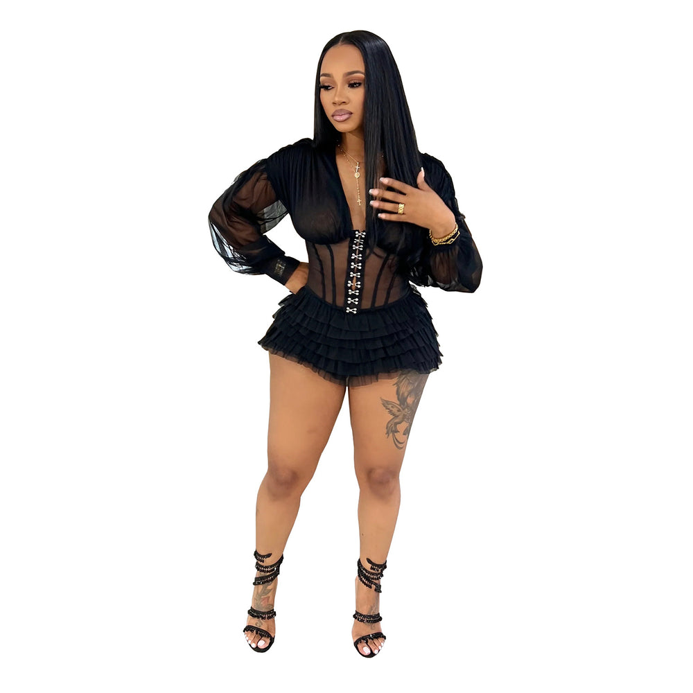 C7685 cross-border   fashion women's sexy v-neck see-through mesh mini dress