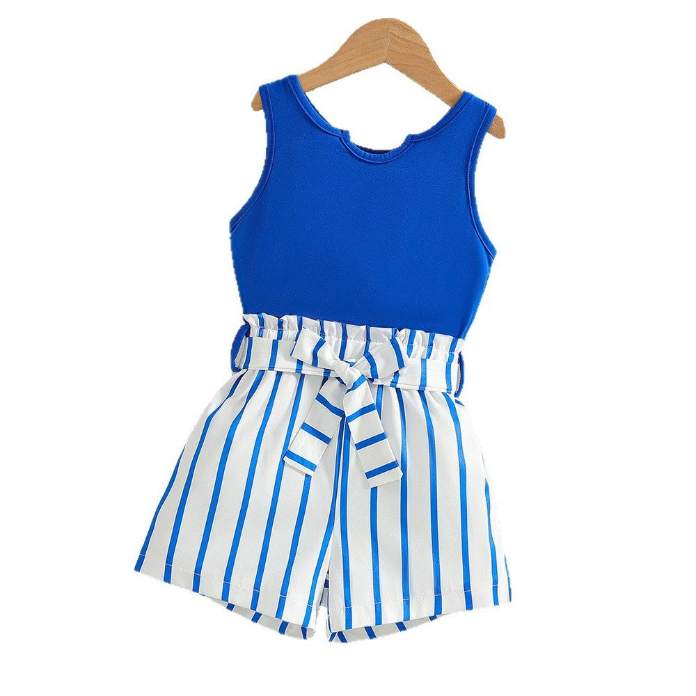 girls' summer outfit: blue sleeveless tank top with striped shorts and belt - two-piece set for kids' outdoor adventures