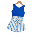girls' summer outfit: blue sleeveless tank top with striped shorts and belt - two-piece set for kids' outdoor adventures