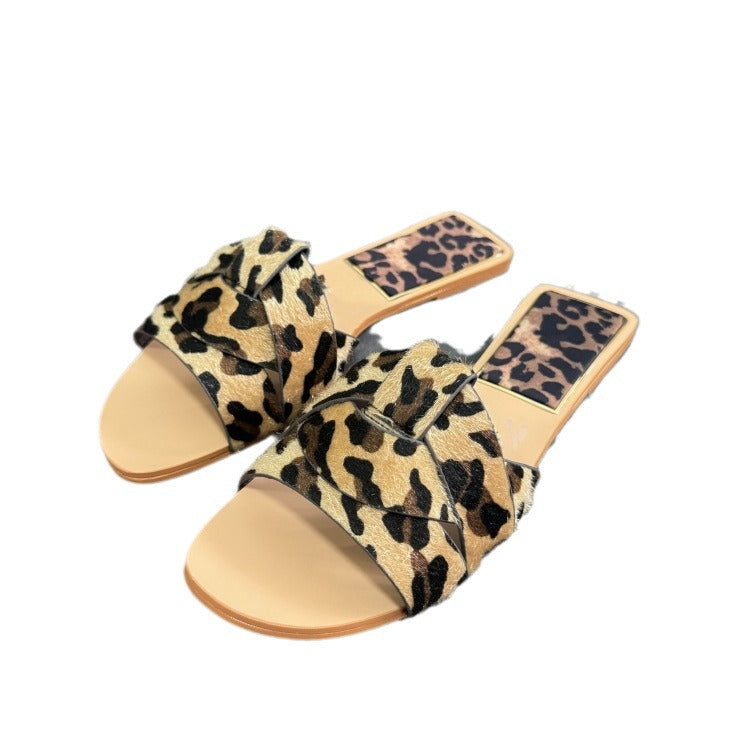 Spanish summer new arrivals: women's leopard print leather flat casual open-toe sandals and slippers