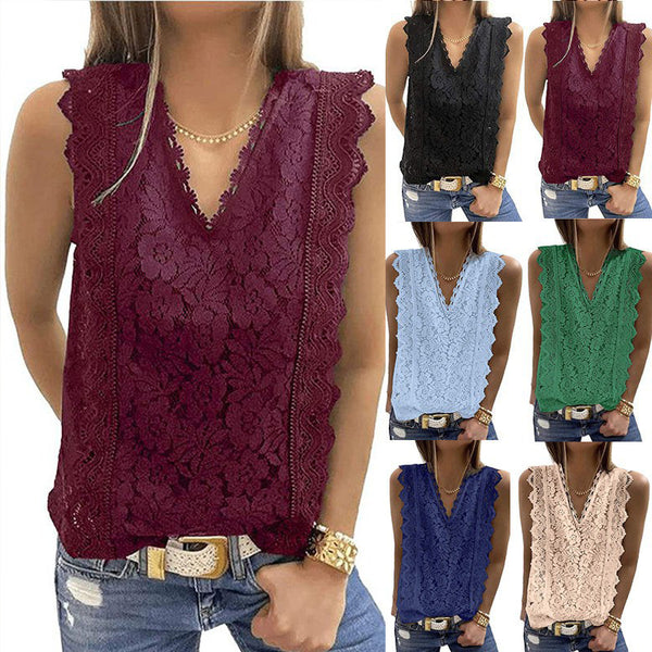 Cross-border European and American  women's clothing 2023 summer new  lace vest V-neck sleeveless top