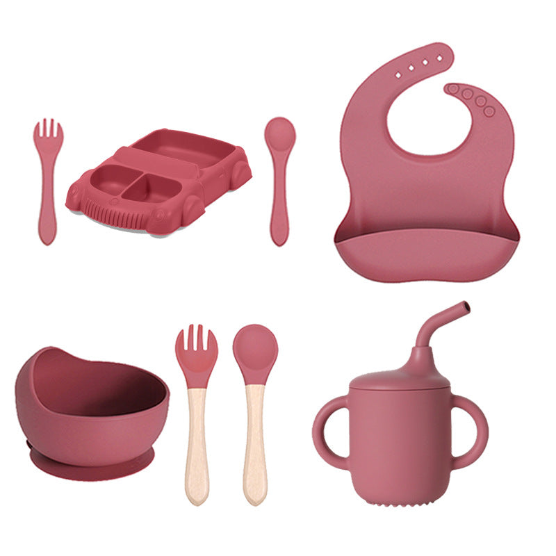 Factory new product baby silicone dinner plate large suction cup tableware set 8-piece set cartoon children's car silicone dinner plate