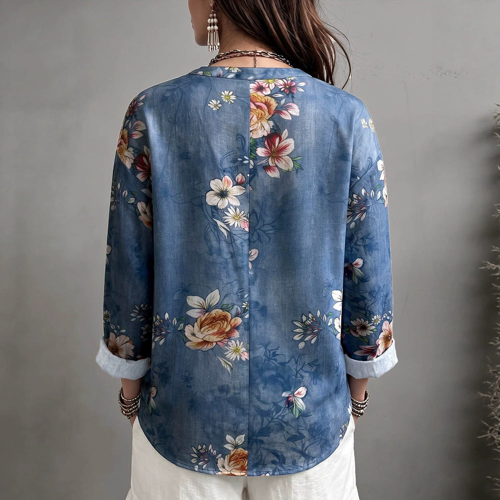 Women's bohemian style vacation shirt - blue floral print, flowy, loose fit, long sleeve pullover blouse - wholesale supply