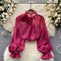 Frenchshirt women's sense of designniche style stereo flower puff sleeves age reduction easiest for matchpure color chiffon shirt women's long sleevestops