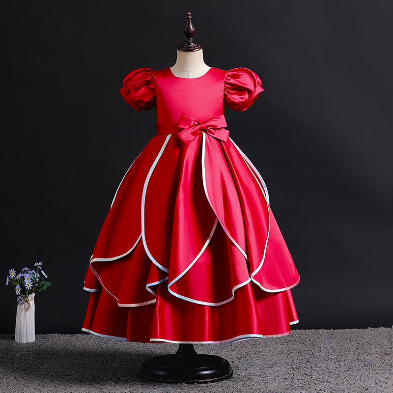 Export kids dress satin rainbow edge princess dress girl puff sleeve high-end birthday piano performance dress