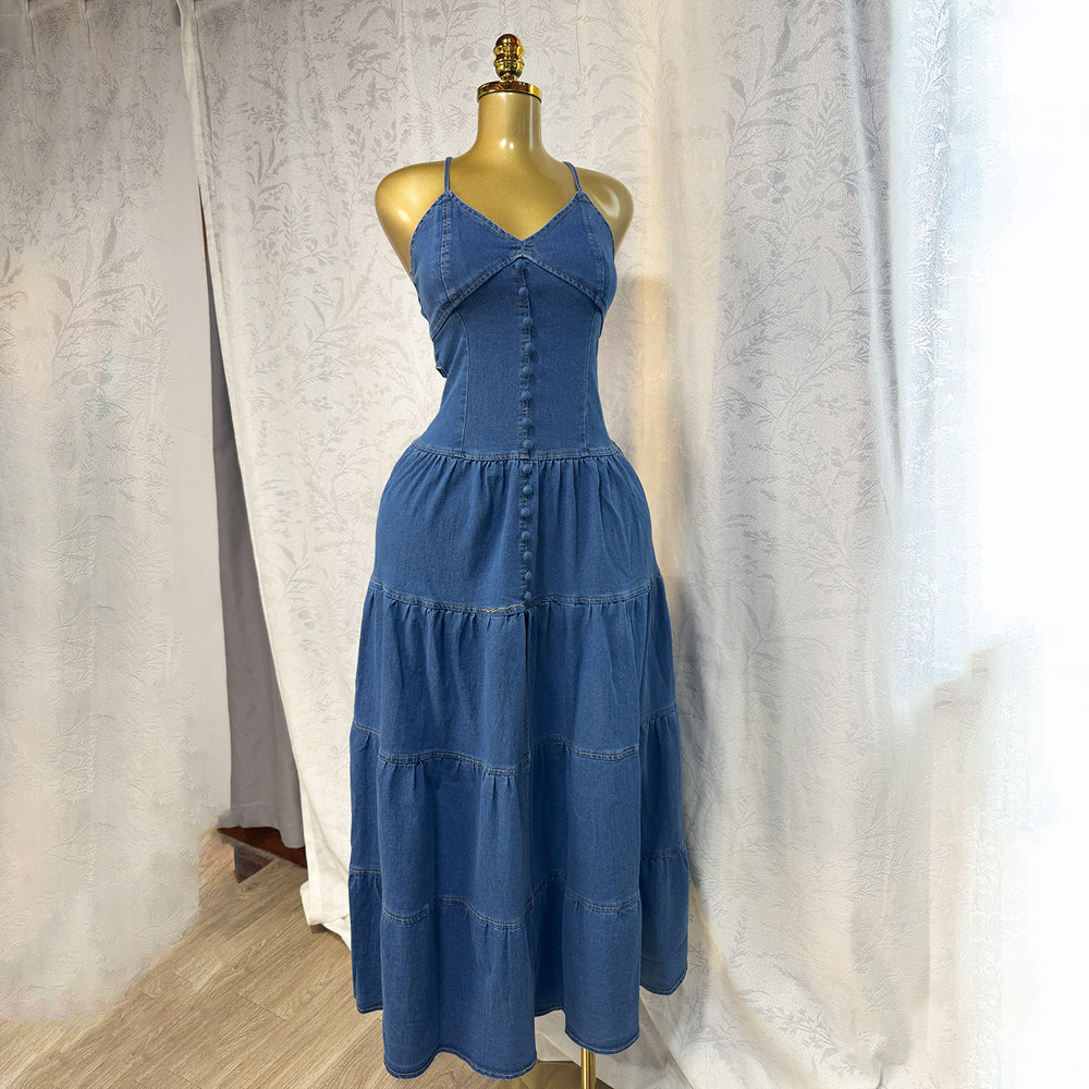 European and american export women's summer new sexy fashion v-neck camisole backless tie-up denim dress cake maxi dress
