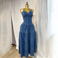 European and american export women's summer new sexy fashion v-neck camisole backless tie-up denim dress cake maxi dress