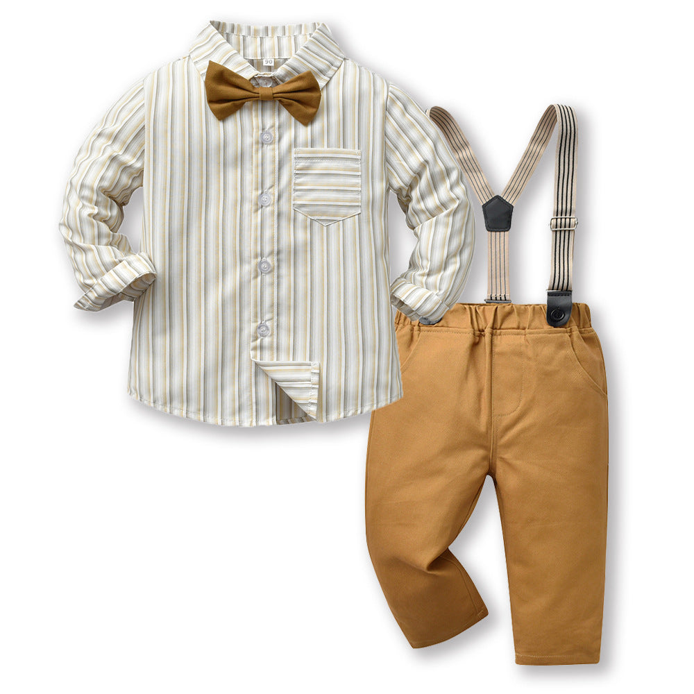Children's spring new korean style long-sleeved striped shirt overalls bow birthday first birthday dress kids shirt