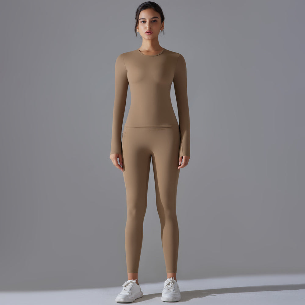New solid color double-sided brushed breathable high-stretch compression long sleeve yoga set - activewear running fitness two-piece outfit