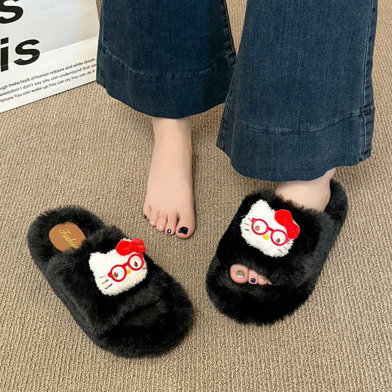 Women's fuzzy slippers - new autumn/winter collection: thick-soled, cute cartoon eyeglass kt cotton slippers, women's flip-flops