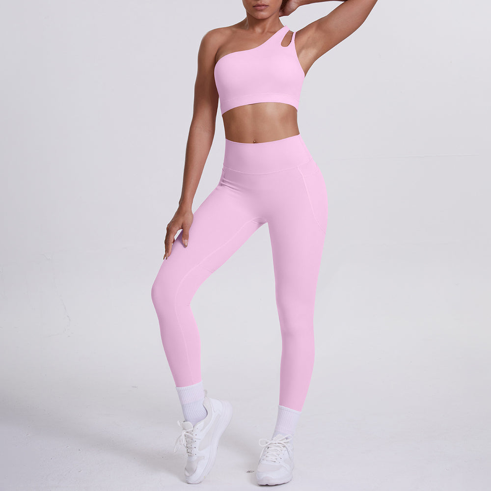 fashion double-sided brocade brushed single oblique shoulder yoga suit sports running fitness flap pocket pants pants two-piece set