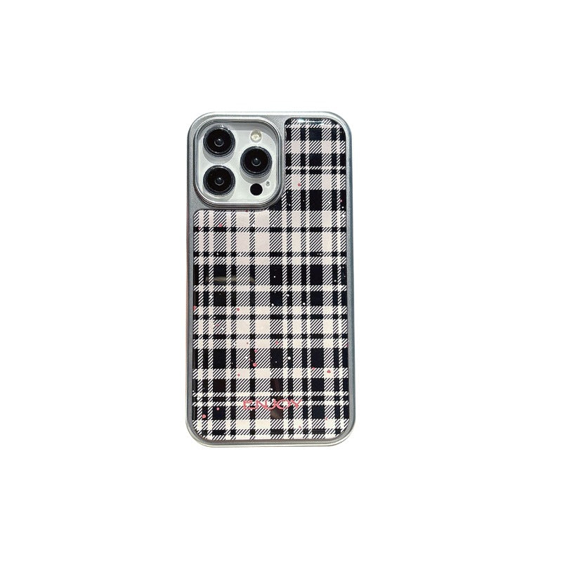 Black and white checkered iphone 17 pro max electroplated shockproof phone case, apple 16 silver edge drip glue protective cover