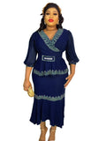 V-neck, waist-cinching, mid-sleeve top and midi skirt set with hot-fix rhinestones and bead embellishments – trendy african women's clothing, cross-border wholesale, special price