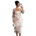 Women's spring/summer new arrival: elegant and romantic mesh floral print ruched long sleeve midi dress