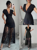 Amazon women's spring/summer new arrivals: elegant v-neck sexy urban lace patchwork short sleeve dress/gown