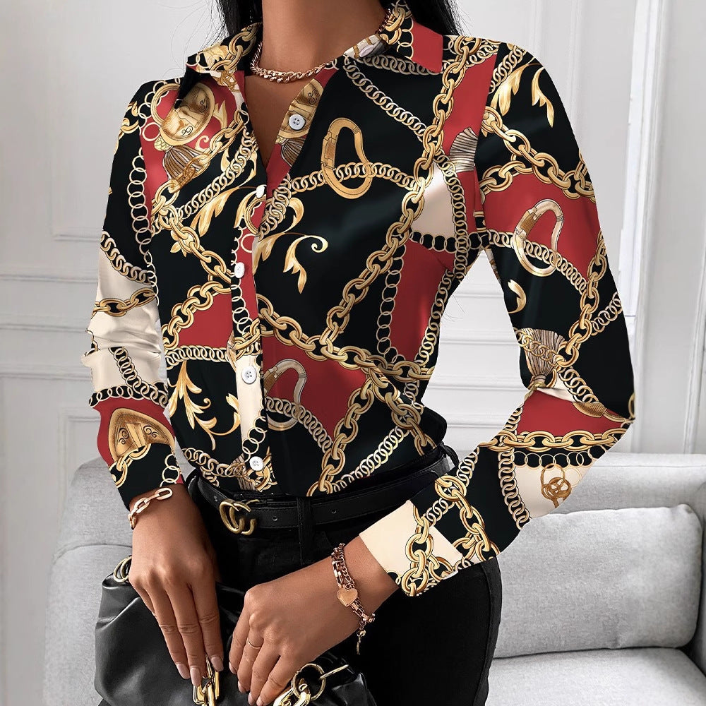 Spot 2022 European and American  women's clothing  spring and autumn shirts independent station  long-sleeved printed shirt