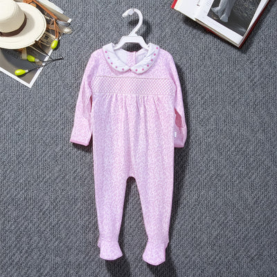 Original pink and purple baby long sleeves jumpsuit doll collar pure cotton comfortable breathable baby girl's 100-day outing crawling suit