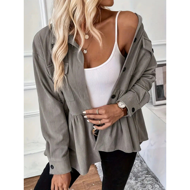 Shipped: women's corduroy ruffle button-down shirt - long sleeve casual top with pockets and ruffled hem