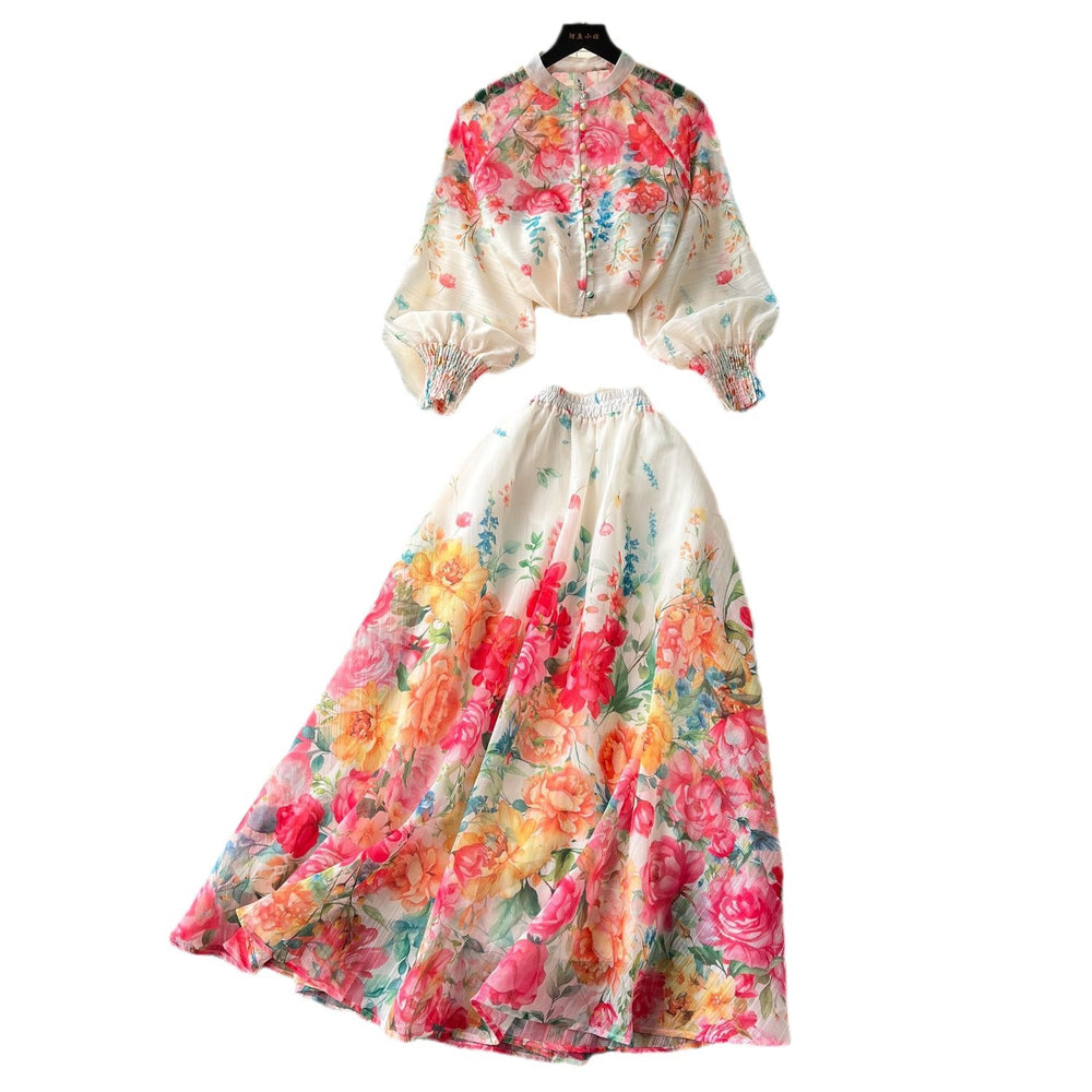 European and american style women's two-piece set: elegant lantern sleeve button-up slim-fit top with high-waisted printed mesh skirt