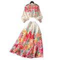 European and american style women's two-piece set: elegant lantern sleeve button-up slim-fit top with high-waisted printed mesh skirt